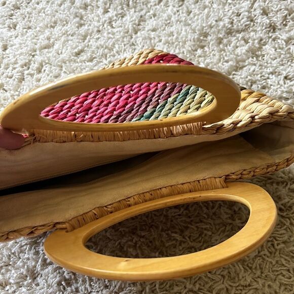 Vintage Straw Handbag - Authentic Cappelli Wooden Handled Purse Beautiful - Picture 8 of 16